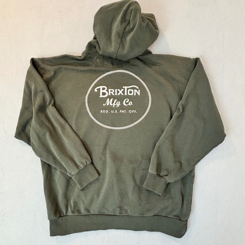 Brixton Mfg Co Mens XL Olive Green Graphic Logo Pullover Hoodie Sweatshirt